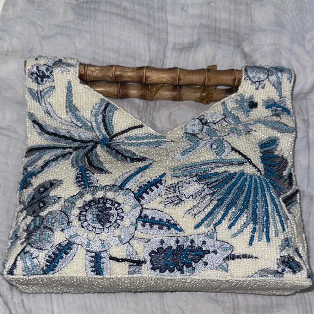 Floral Embroidered Handbag with Bamboo Handle